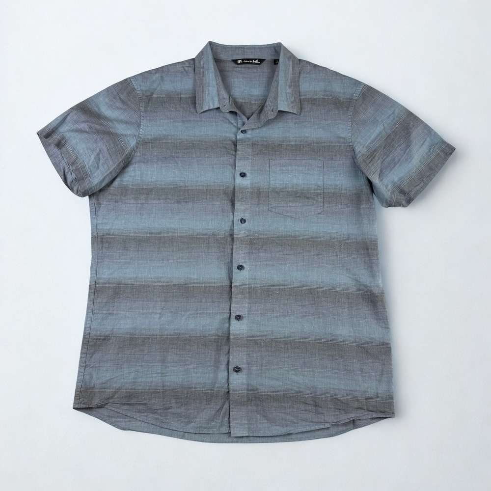 Travis Mathew Shirt XL Short Sleeve Button Up Blue Gray Striped Casual Golf